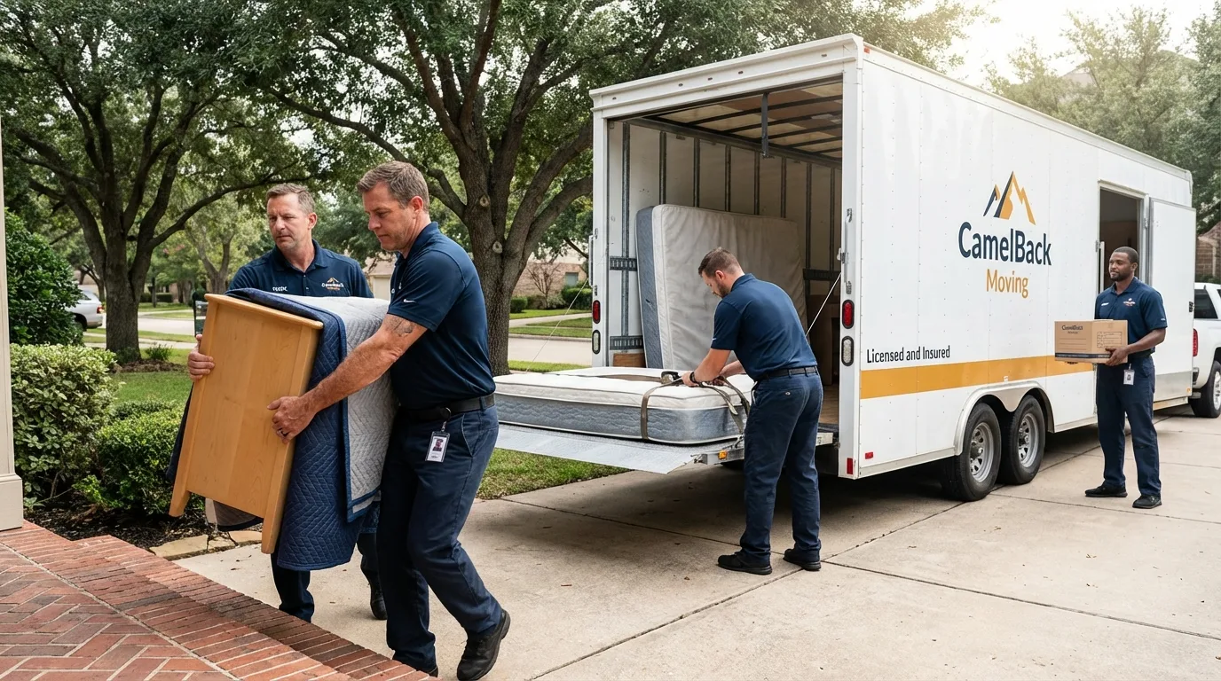 Crew loading residential truck for cross-state move from Devils Lake, ND