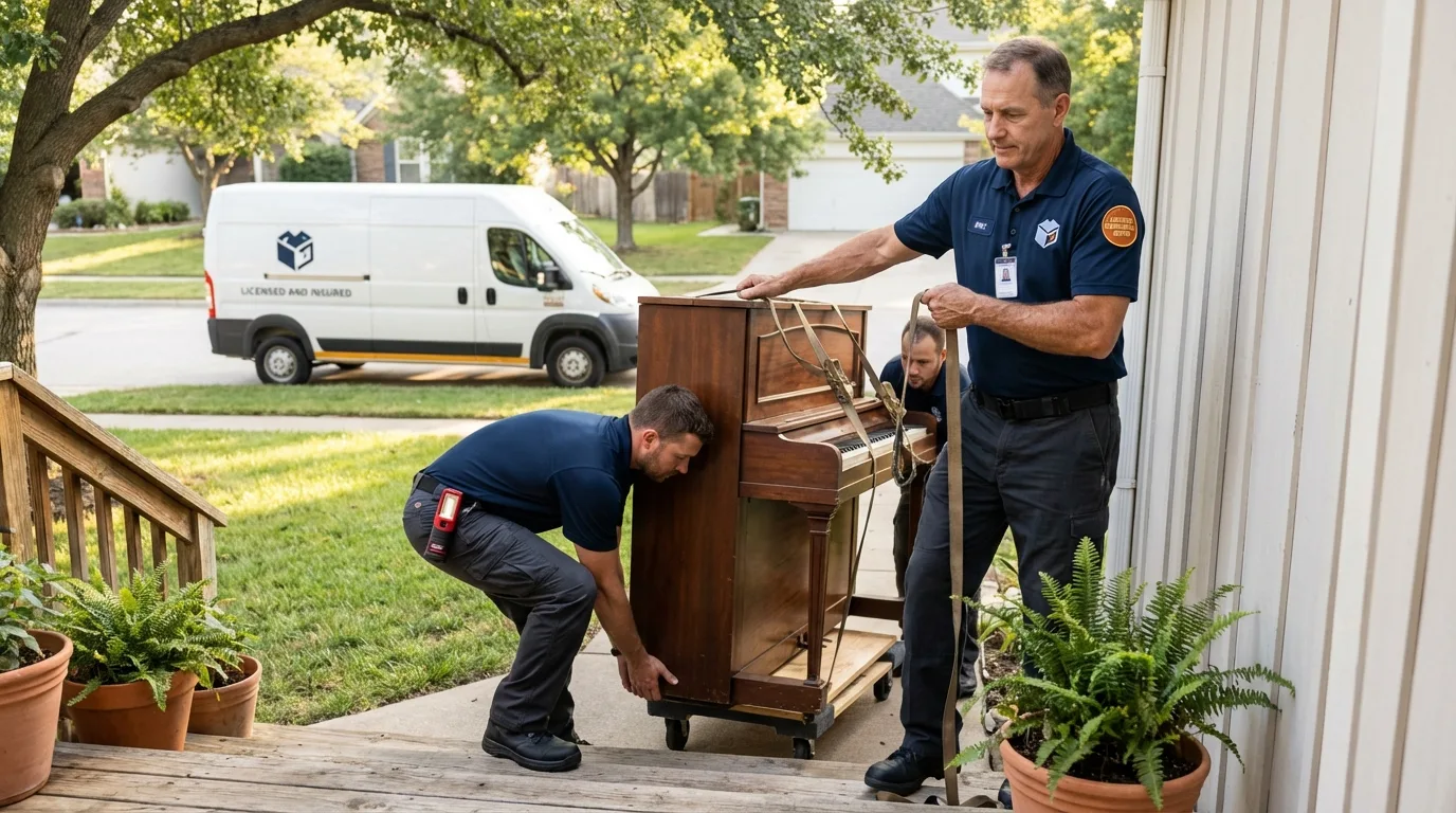 Licensed piano movers securing grand piano in Devils Lake, ND