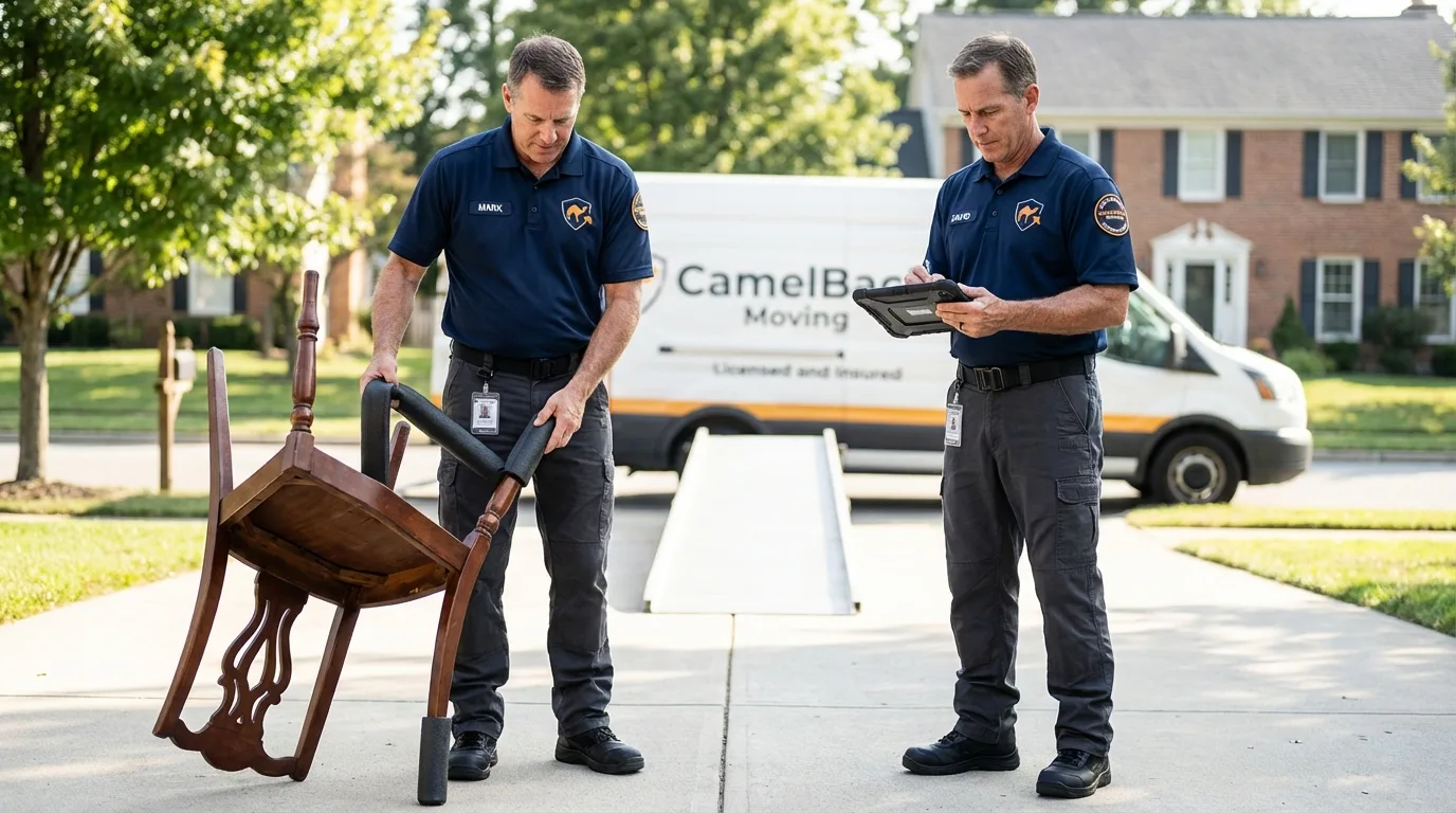 Movers inspecting furniture for damage prevention before loading in Devils Lake, ND